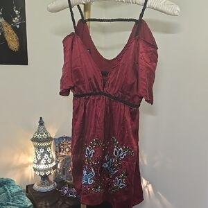 Red Silky Floral Embroidered Top